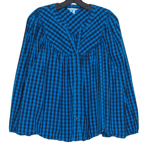 Draper James Top Cottage Prairie Preppy Retro Academia Gingham Plaid Blue XL - Picture 1 of 7